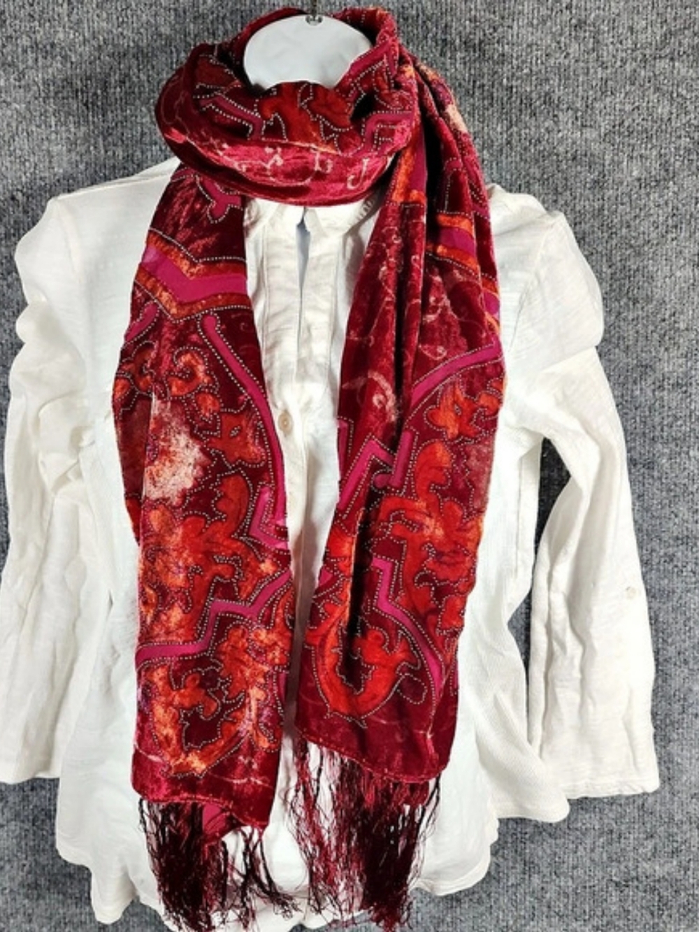 Silk Patterned Scarf in Red & Pink Like New